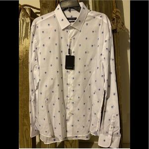 Bugatchi Blue & White Skulls Long Sleeve Shirt XL